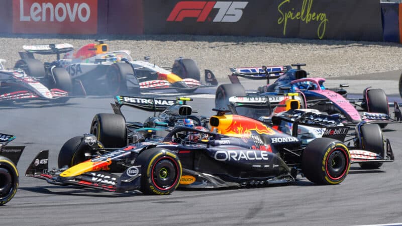 Mercedes of Kimi Antonelli crashes into Max Verstappen Red Bull in 2025 F1 Austrian Grand Prix