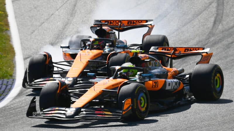 Oscar Piastri locks his wheel as he tries to overtake Lando Norris in 2025 F1 Austrian Grand Prix