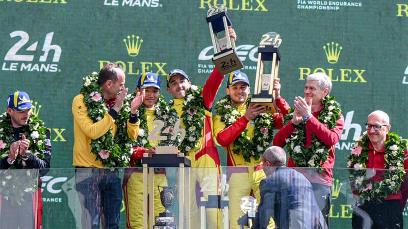 Robert Kubica on the podium with Ferrari team after winning 2025 Le Mnas 24 Hours