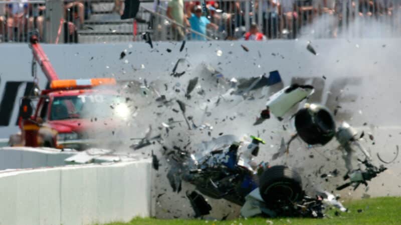 Williams of Robert Kubica disintegrates as it hits the wall at high speed during the 2007 F1 Canadian Grand Prix