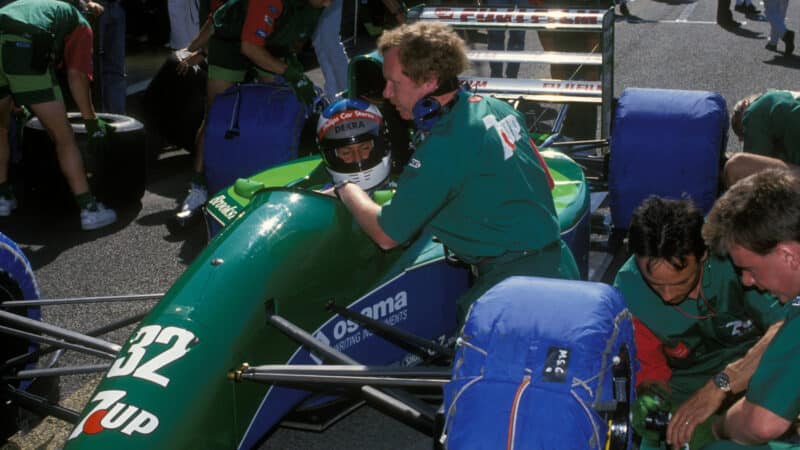 Michael Schumacher (Jordan-Ford) on the grid before the 1991 Belgian Grand Prix