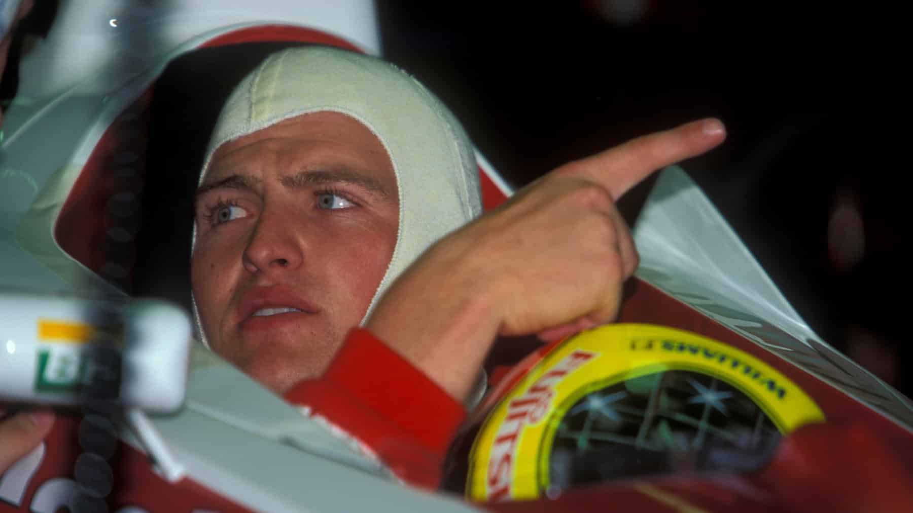 Ralf Schumacher in his Williams-Supertec with his helmet and balaclava during practice for the 1999 Spanish Grand Prix