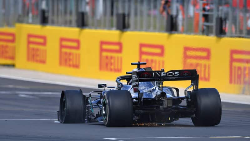 Lewis Hamilton (Mercedes with a puncture) wins the 2020 British Grand Prix