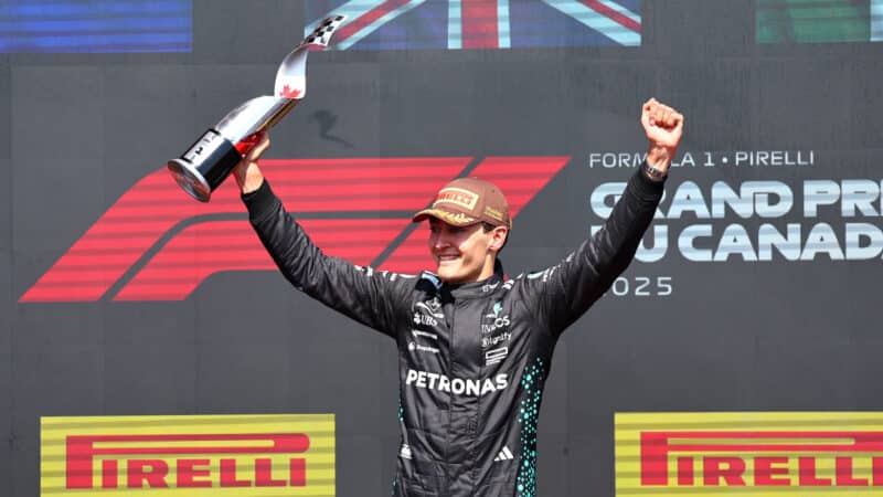 George Russell (Mercedes) on the podium after the 2025 Canadian Grand Prix
