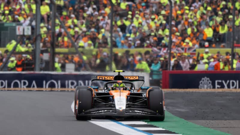 Lando Norris (McLaren-Mercedes) in front of Lando Norris grandstamd with fans during qualifying for the 2025 British Grand Prix