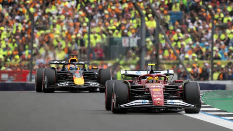 Lewis Hamilton (Ferrari) in front of Max Verstappen (Red Bull-Honda) during qualifying for the 2025 British Grand Prix