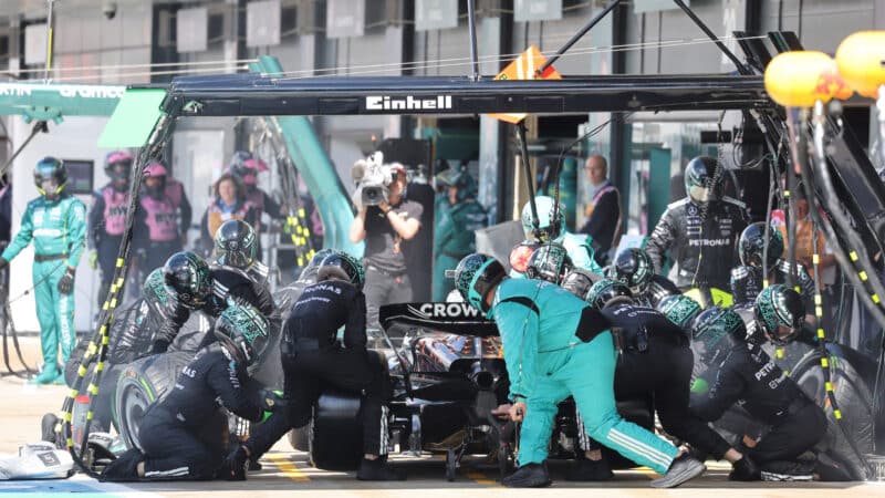 Pitstop for George Russell (Mercedes) during the wet 2025 British Grand Prix