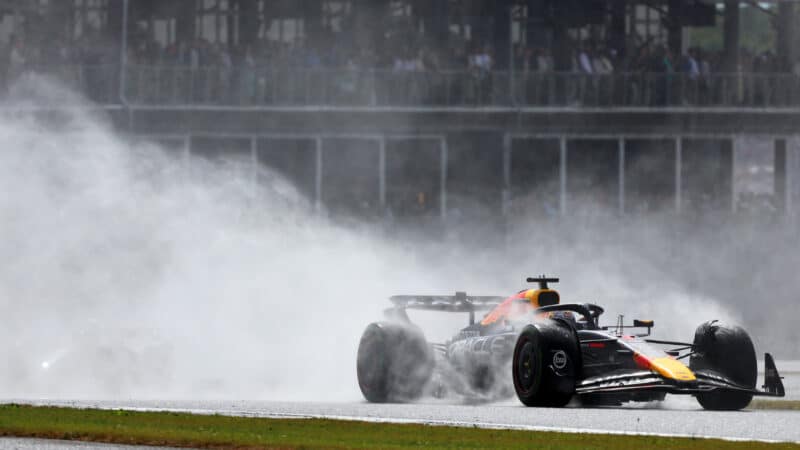 Max Verstappen (Red Bull-Honda) during the wet 2025 British Grand Prix