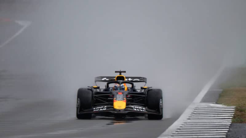 Max Verstappen (Red Bull-Honda) during the wet 2025 British Grand Prix