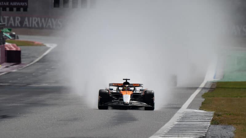 Oscar Piastri (McLaren-Mercedes) during the wet 2025 British Grand Prix