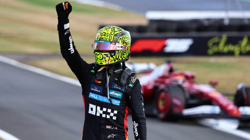 Lando Norris (McLaren-Mercedes) celebrates after the 2025 British Grand Prix