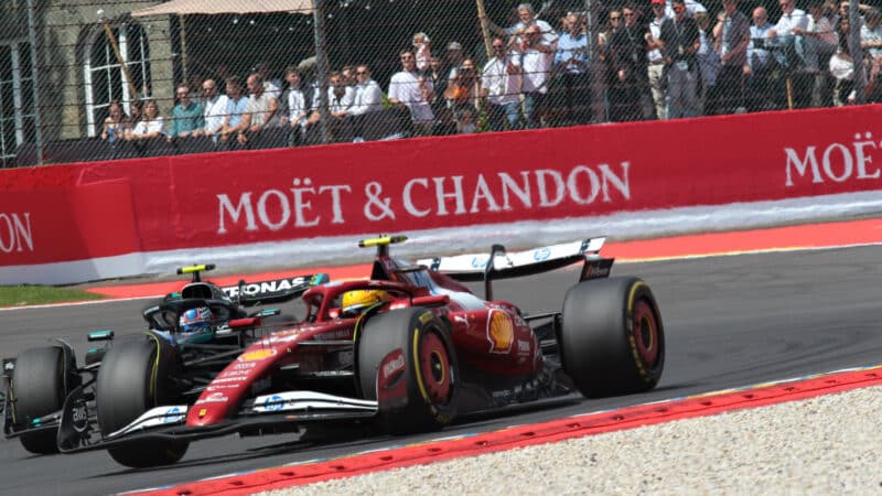 Lewis Hamilton (Ferrari) with Kimi Antonelli (Mercedes) in Sprint race at the 2025 Belgian Grand Prix