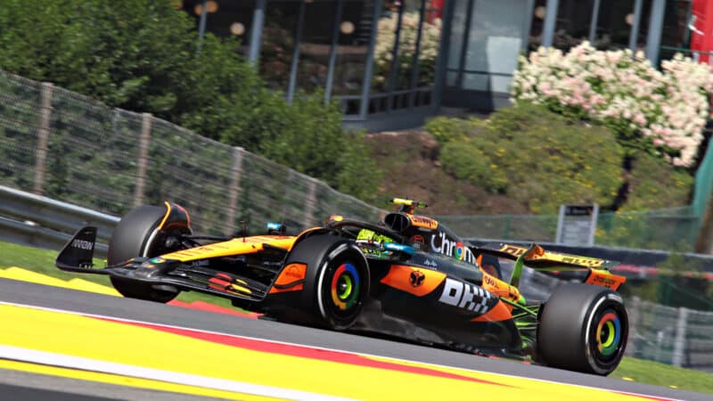 Lando Norris (McLaren-Mercedes) in Eau Rouge at the 2025 Belgian Grand Prix