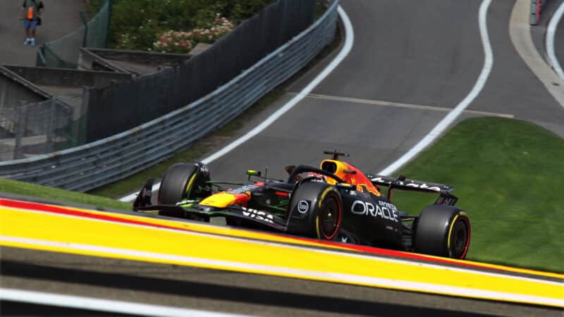 Max Verstappen (Red bull-Honda) in Eau Rouge in practice for the 2025 Belgian Grand Prix