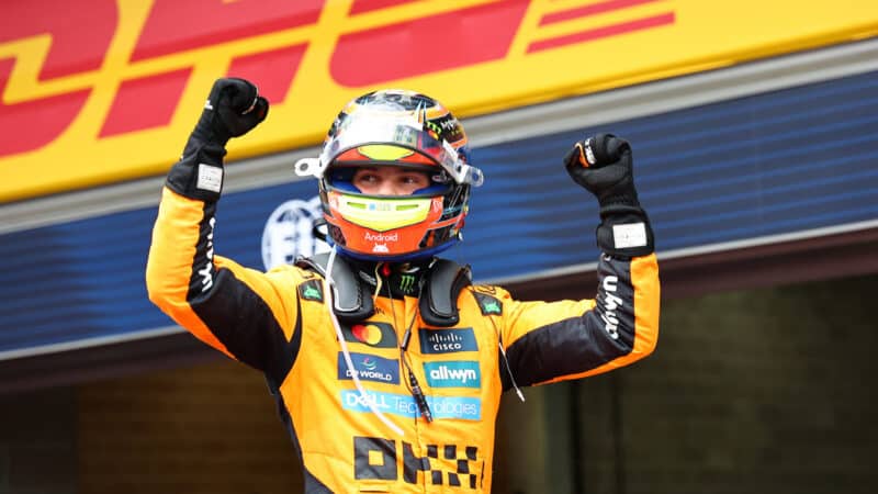 Oscar Piastri (McLaren-Mercedes) celebrates after the 2025 Belgian Grand Prix