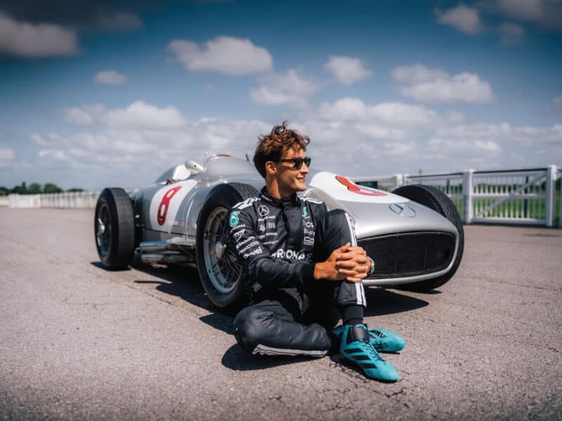 George Russell sits with Mercedes W196