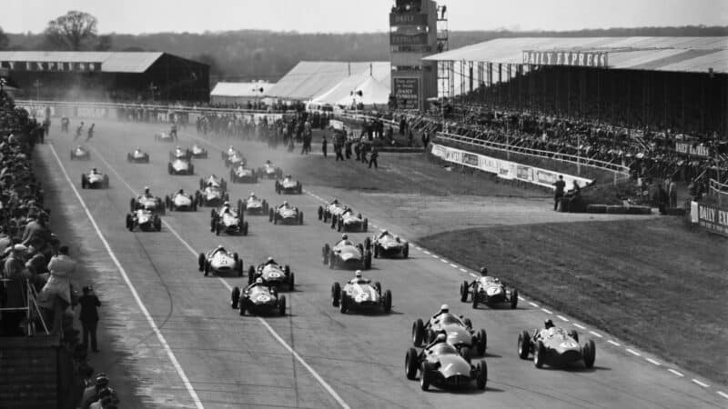 Cars competing in the BRDC International Trophy race at Silverstone Circuit in Northamptonshire, May 3rd 1958