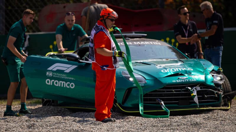 F1 safety car wreckage after crashing at parabolica