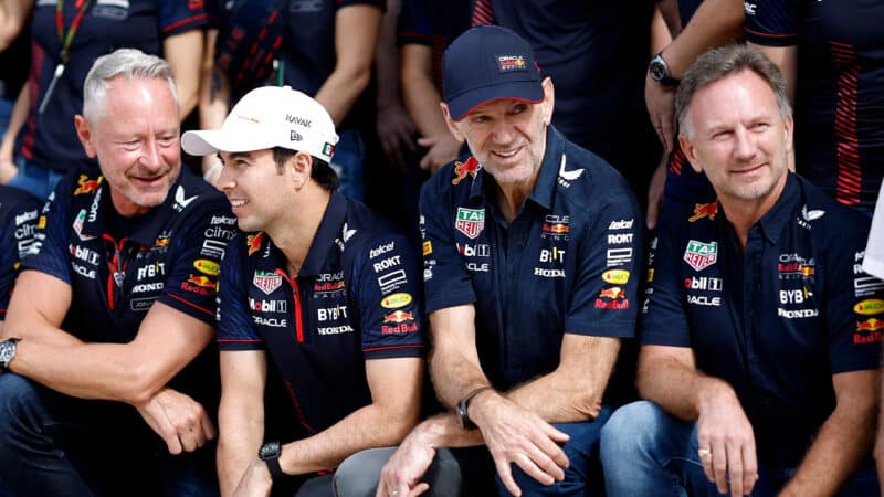 Jonathan Wheatley with Sergio Perez and Adrian Newey and Christian Horner