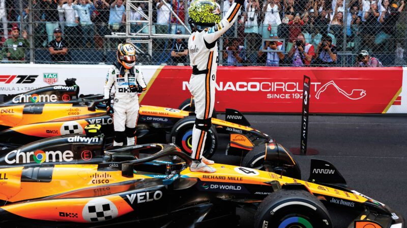 Lando Norris wins Monaco, and stands on F1 car, Oscar Piastri