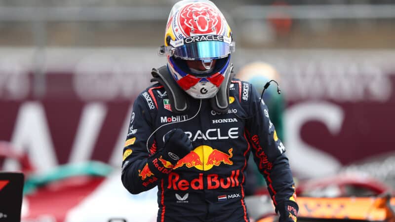 Max Verstappen pumps fist after winning 2025 F1 British Grand Prix