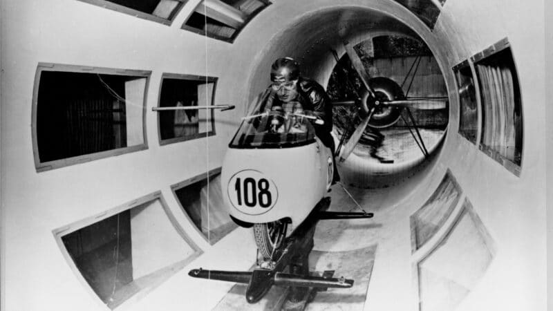 Moto Guzzi motorbike in wind tunnel