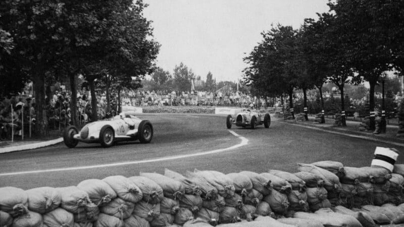 Rudolf Caracciola leads Bernd Rosemeyer in the 1936 Hungarian Grand Prix
