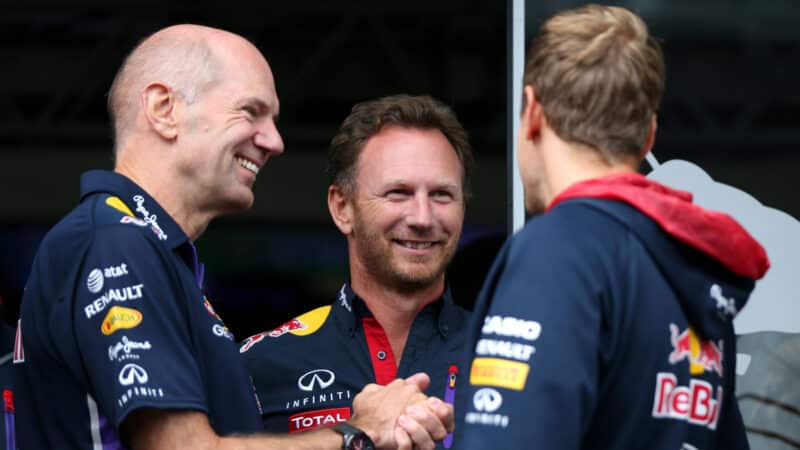 Christian Horner with Adrian Newey and Sebastian Vettel