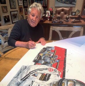 Mario Andretti signing artwork