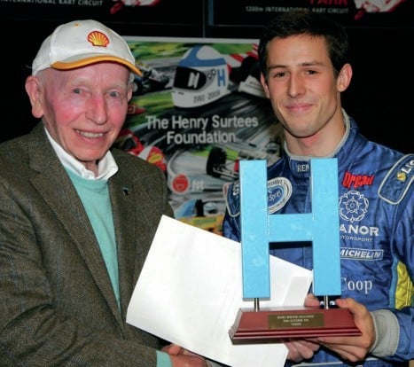 Alexander Sims receives Henry Surtees trophy from John Surtees