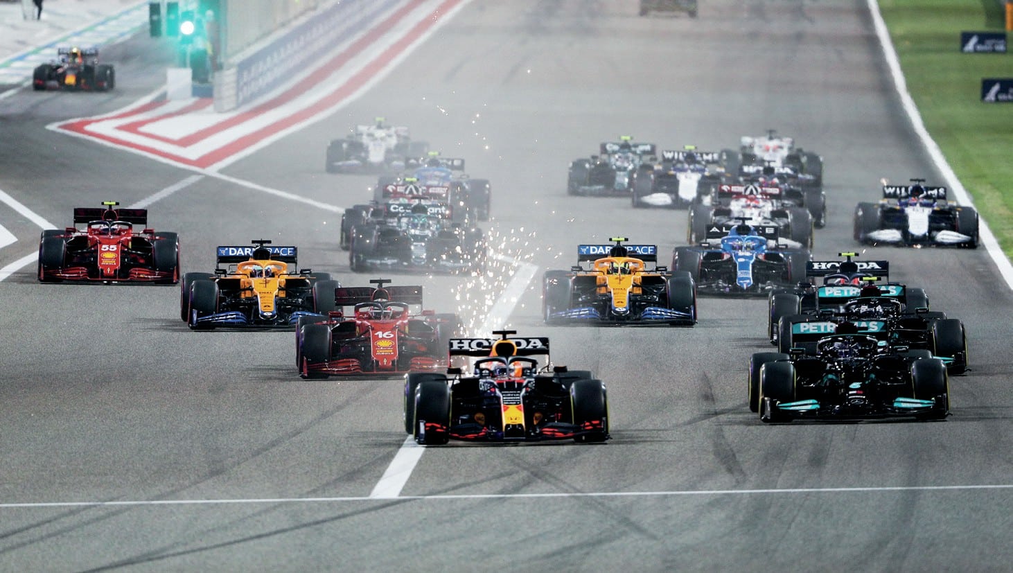 Max Verstappen leads at the start of the 2021 Bahrain Grand Prix