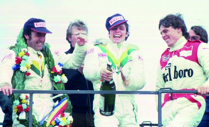 Derek Warwick celebrates winning at Thruxton in the 1978 BP Super Visco F3 Championship