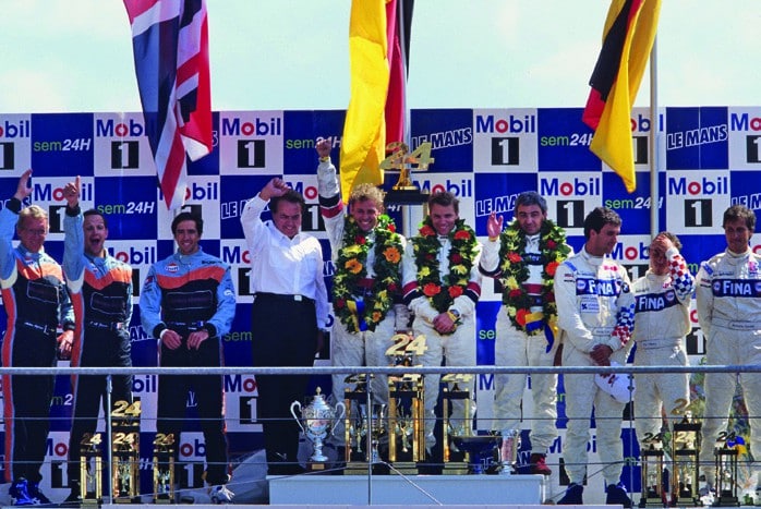Kristensen Johansson and Alboreto celebrate winning Le Mans in 1997