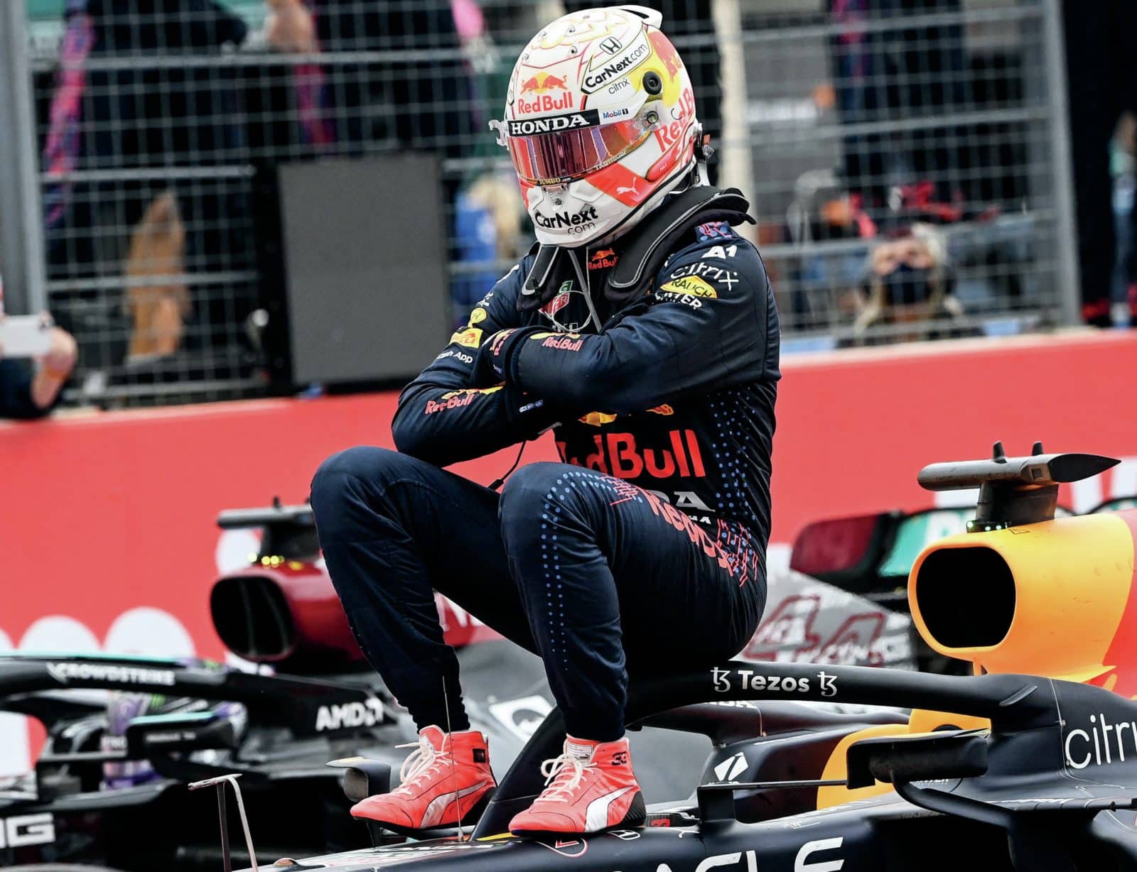 Max Verstappen sits on his Red Bull after winning the 2021 French Grand Prix